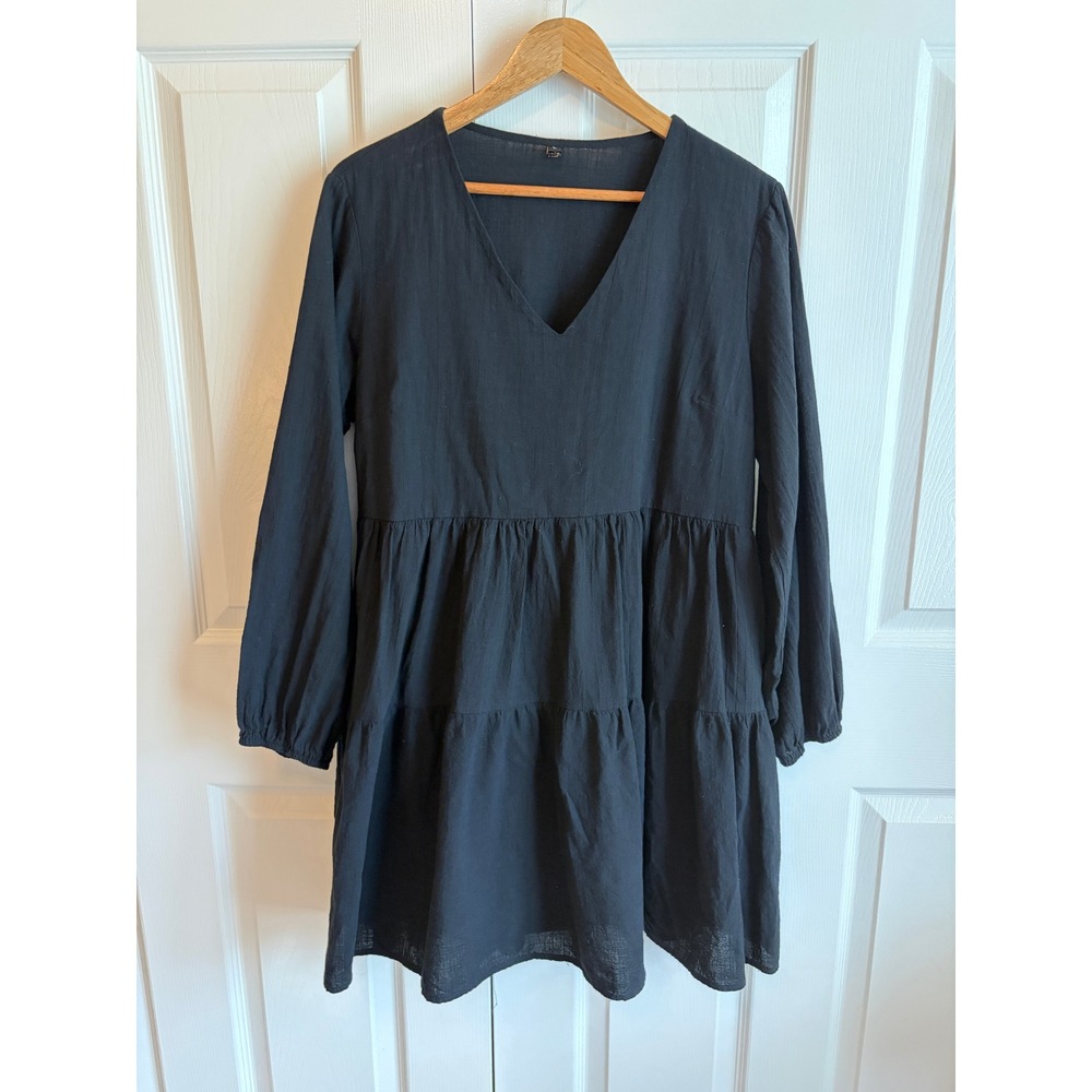 Fancyinn Womens Black Tiered Babydoll Mini Dress V-Neck Long Sleeve Lined Large